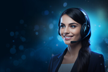 Young woman as call center operator with headset and blue bokeh background. Generative AI