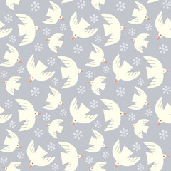 Seamless pattern of whimsical white birds flying in various directions. Flying white birds on a pale purple-gray background.