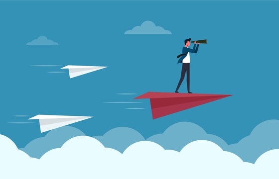 Business leadership concept. Confident businessman forecasting strategy solution with spyglass flying on paper planes. teamwork, growth and progress to be success
