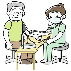 シニア男性の血圧を測定する女性看護師