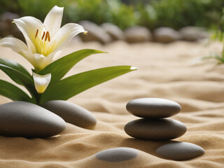 sand, lily and spa stones in zen garden - generated by ai