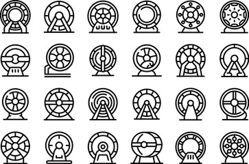 Hamster Wheel icons set outline vector. Animal mouse cage. Sport run life