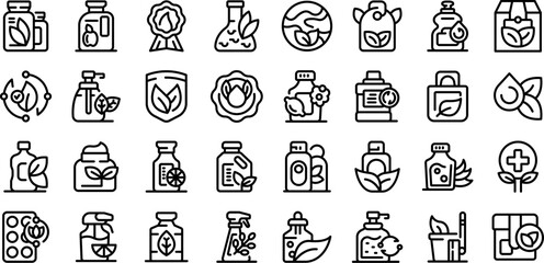 Eco friendly cleaning products icons set outline vector. Soap detergent. Toxic cleaner - obrazy, fototapety, plakaty