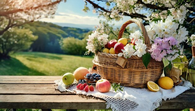 basket with apples, a spring picnic with an empty wooden table adorned in fresh fruit, floral arrangements, a vintage picnic basket. the leisurely vibes of a sunny afternoon, a blank space for text, a