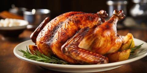 Fototapeta premium A closeup reveals the delightful crispy skin of the roast chicken, giving way to juicy, tender meat below.