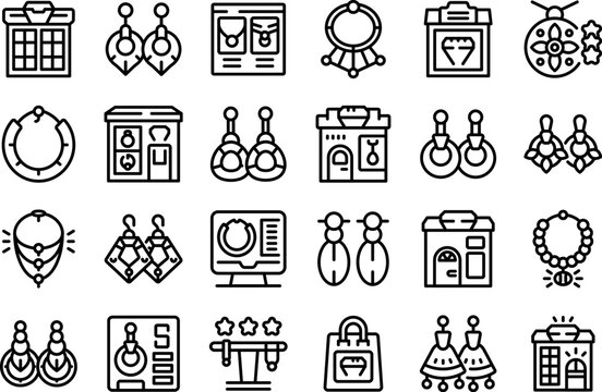 Handmade jewelry store icons set outline vector. Shop icon process. Gold woman