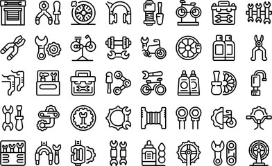 Bicycle repair maintenance shop icons set outline vector. Bike outdoor. Business service