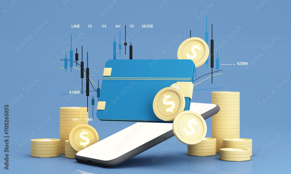 Poster phone with mobile banking app. wallet with credit card and coin. money saving concept. online paymen