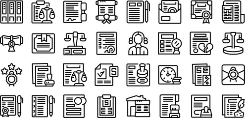 Notary services icons set outline vector. Office laptop. Finance advocate - obrazy, fototapety, plakaty