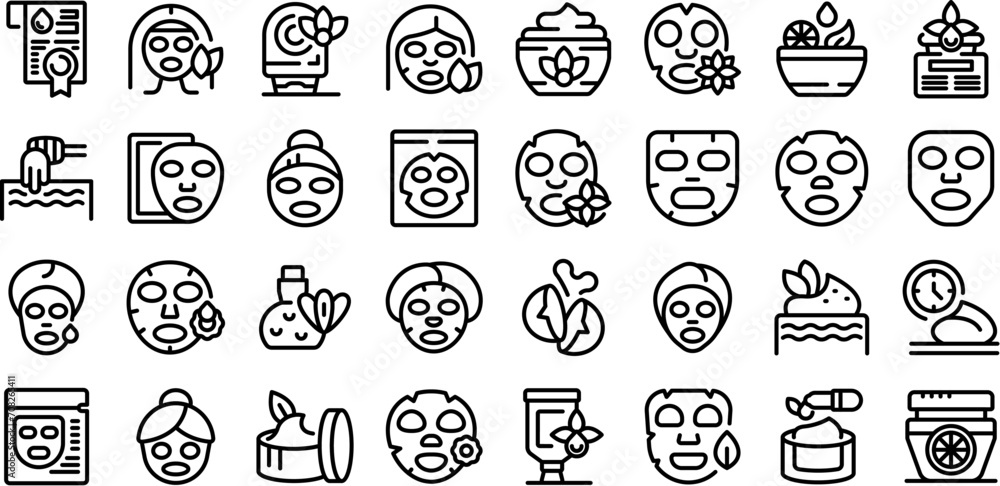 Sticker face mask spa icons set outline vector. facial sheet pack. cosmetic care