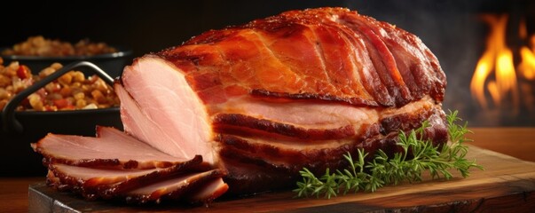 A closeup shot of a thick, honeyglazed ham slice, displaying a mouthwatering blend of alluring flavors that marry perfectly with the savory meat.