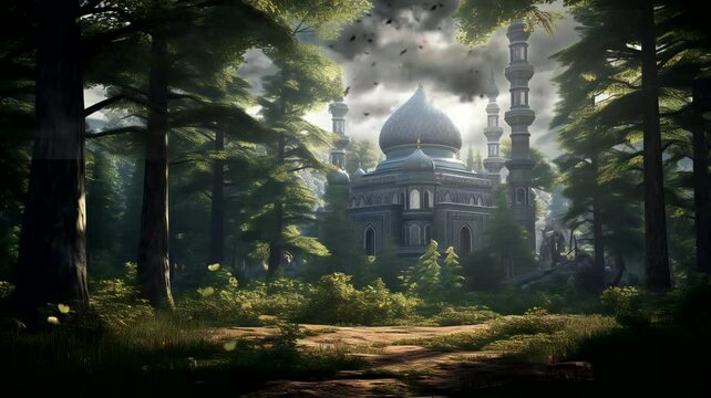 This picture is perfect for Ramadan, Eid al-Fitr, Eid al-Adha, and other Muslim holidays. It has a mosque in the forest and a striking background of Ramadan.
