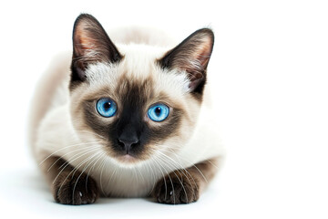 Cute Siamese cat lying on white background. 