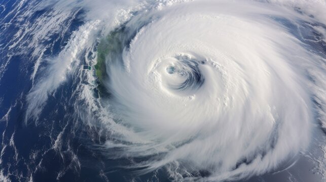 From above, a relentless cyclone churns and froths over the expansive ocean, showcasing natures raw power.