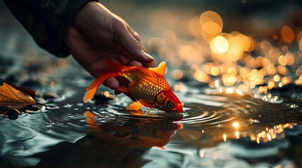 New Horizons: Fresh Rescue as a Baby Red Fish Finds Freedom in the Liquid Realm - obrazy, fototapety, plakaty
