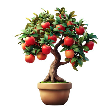 3d cartoon illustration of an apple tree in a pot, a tree full of ripe fruit, with transparent PNG files