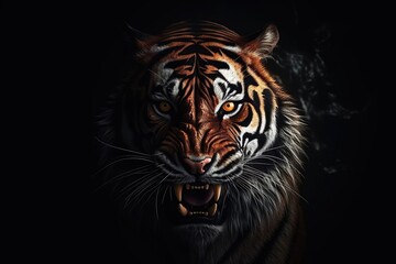 isolated angry tiger on black background - obrazy, fototapety, plakaty
