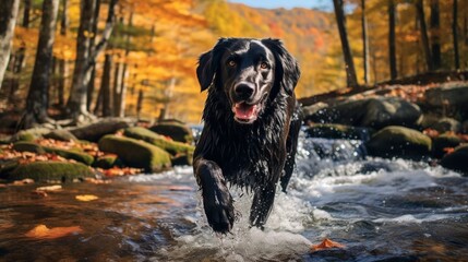 A black Labrador splashing through a crystal-clear mountain stream surrounded by vibrant autumn foliage.