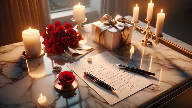 Valentine's Day with a love letter ready to express heartfelt emotions, surrounded by romantic red roses, flickering candles, and an elegant gift, symbolizing enduring affection and intimate moments