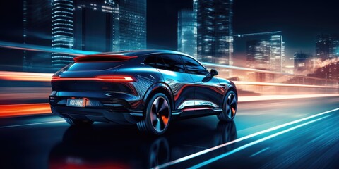 An electric SUV driving through a futuristic city at night created with Generative AI Technology - obrazy, fototapety, plakaty