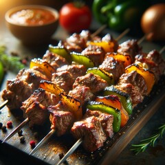 Grilled meat shish kebab with vegetables on skewers