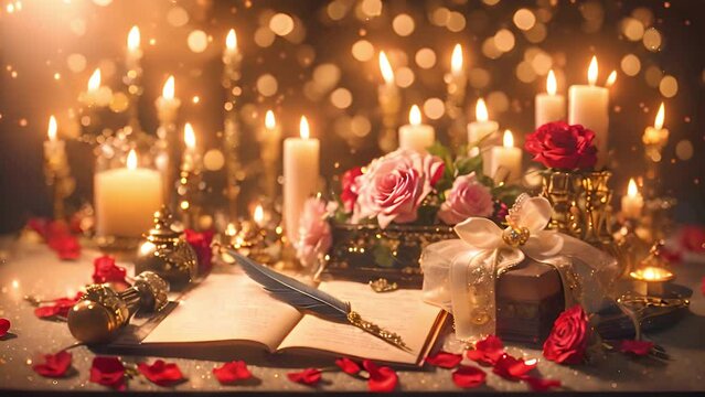 Warmth of a romantic setting with this video, showcasing twinkling candlelight and roses—ideal for Valentine's Day themes and celebrations of love and writing love poems
