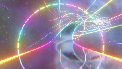 Fly Over 3D Rainbow Road In Outer Space With Bright Neon Reflections - Abstract Background Texture
