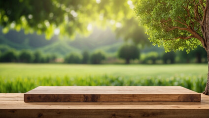 Tree Table wood Podium in farm display for product on nature background - obrazy, fototapety, plakaty