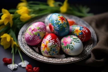 Obraz na płótnie Canvas Easter hand-painted with flowers eggs in traditional style 