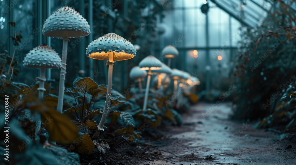 Poster a row of ghostly white mushrooms line the path in the gothic greenhouse, their caps pulsating with a