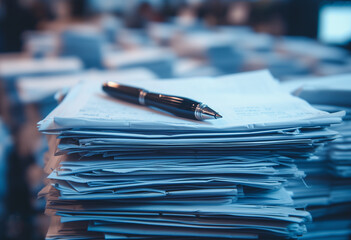 a pen lays on top of a pile of paper