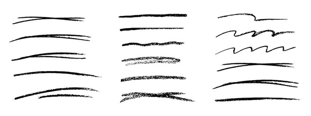 Charcoal strokes. Set of black hand drawn brush lines different forms on white background. Rough charcoal strokes. Collection of vector grunge brushes. Vector horizontal chalk lines drawn by hand. - obrazy, fototapety, plakaty
