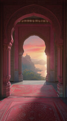 Fototapeta premium Scenic sunset view through an elegant archway on a transparent background, perfect for travel and romantic concepts. 