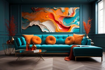 Radiant turquoise and fiery orange liquids blending harmoniously, forming a visually stunning abstract composition for an extraordinary wallpaperr