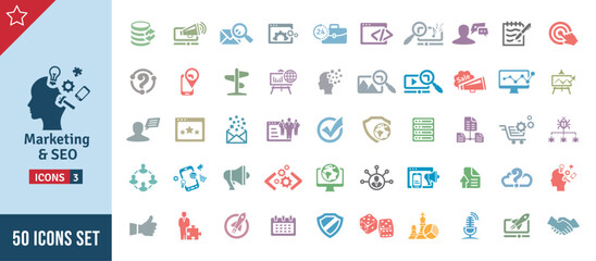 Marketing & SEO Icon Set. Search Engine Optimization, Advertising, Website, Business, Marketing, Traffic, Ranking, Optimization, Keyword & Many More. Color Vector Icons Collection
