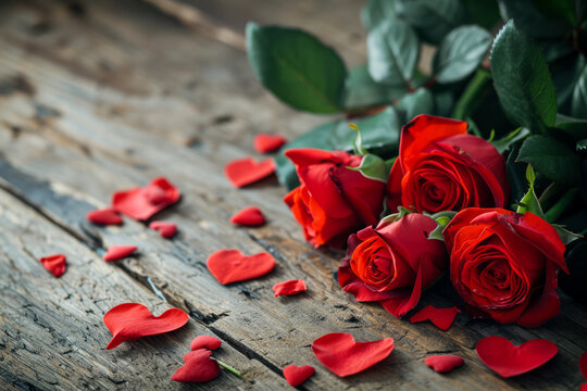 Red roses near small felt hearts on a wooden surface