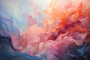 Soft peach and celestial blue liquids merging in a gentle embrace, resulting in a dreamy and enchanting abstract wallpaper with ethereal textures.
