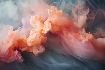 Soft peach and celestial blue liquids merging in a gentle embrace, resulting in a dreamy and enchanting abstract wallpaper with ethereal textures