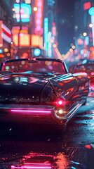 An electric classic convertible driving through a futuristic city at night created with Generative AI Technology