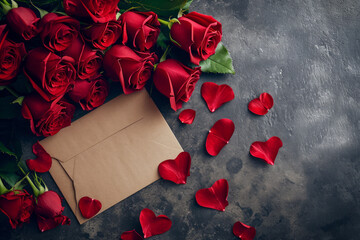 Valentine's Day note with copy space arranged near roses and petals on a stone background