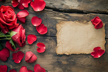 Valentine's Day note with copy space arranged near roses and petals on a wooden background