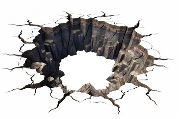 Hole in cracked ground isolated on transparent background. PNG
