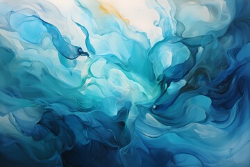 Swirling azure and emerald liquids dancing in harmony, creating a mesmerizing abstract wallpaper