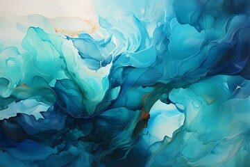 Swirling azure and emerald liquids dancing in harmony, creating a mesmerizing abstract wallpaperr