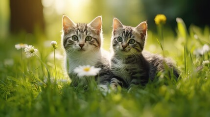 Naklejka na ściany i meble cute cats on green grass close up blurred background
