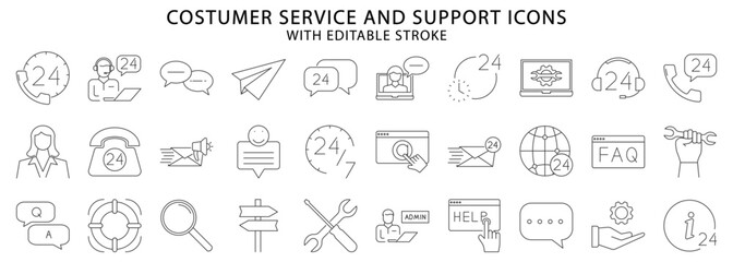 Customer service icons. Customer service icon set. Line icons about customer service. support icons. Vector illustration. Editable stroke.
