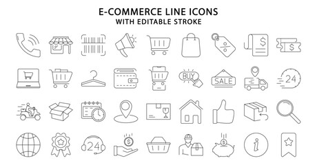 E-commerce icons. Ecommerce icon set. Line icons related to e-commerce. Vector illustration. Editable stroke.