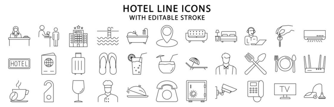 Hotel icons. Hotel icon set. Line icons related to hotel. Vector illustration. Editable stroke.