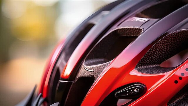 Closeup of a bike helmet with adjustable ss and ventilation holes.