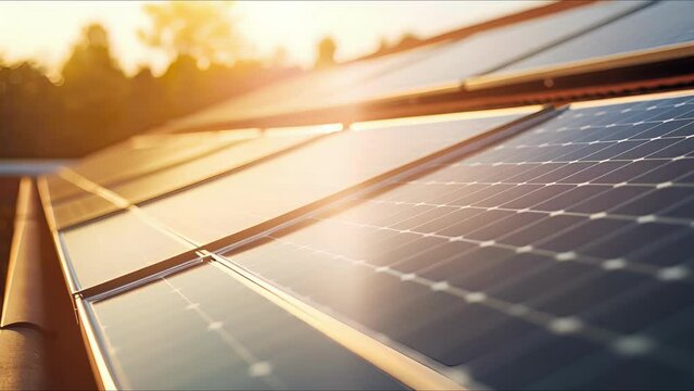 Closeup of a row of solar panels on a rooftop, providing ecofriendly energy.